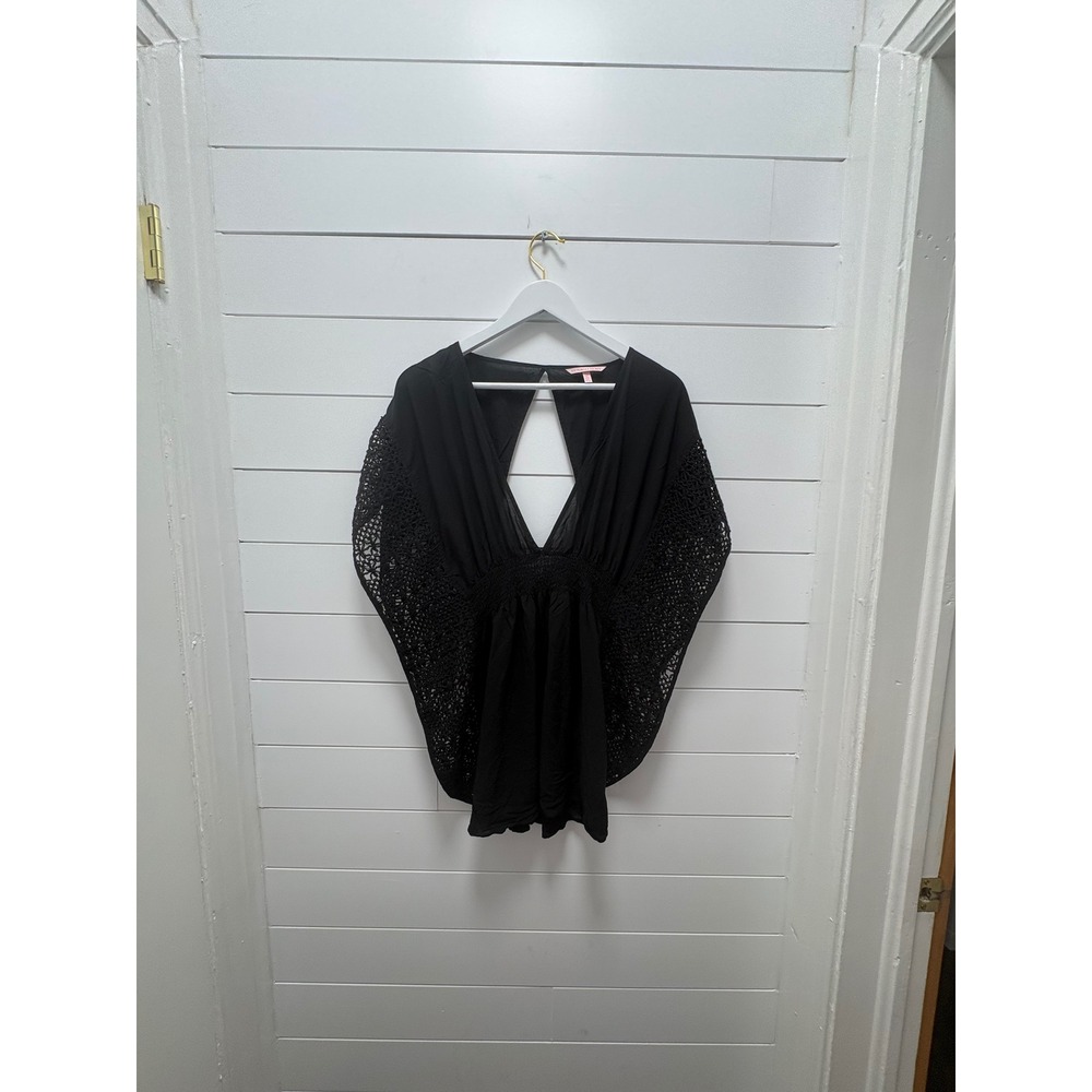 Victorias Secret Sz M Black Crochet Open Back Swim Cover Up Tunic Vacation Beach